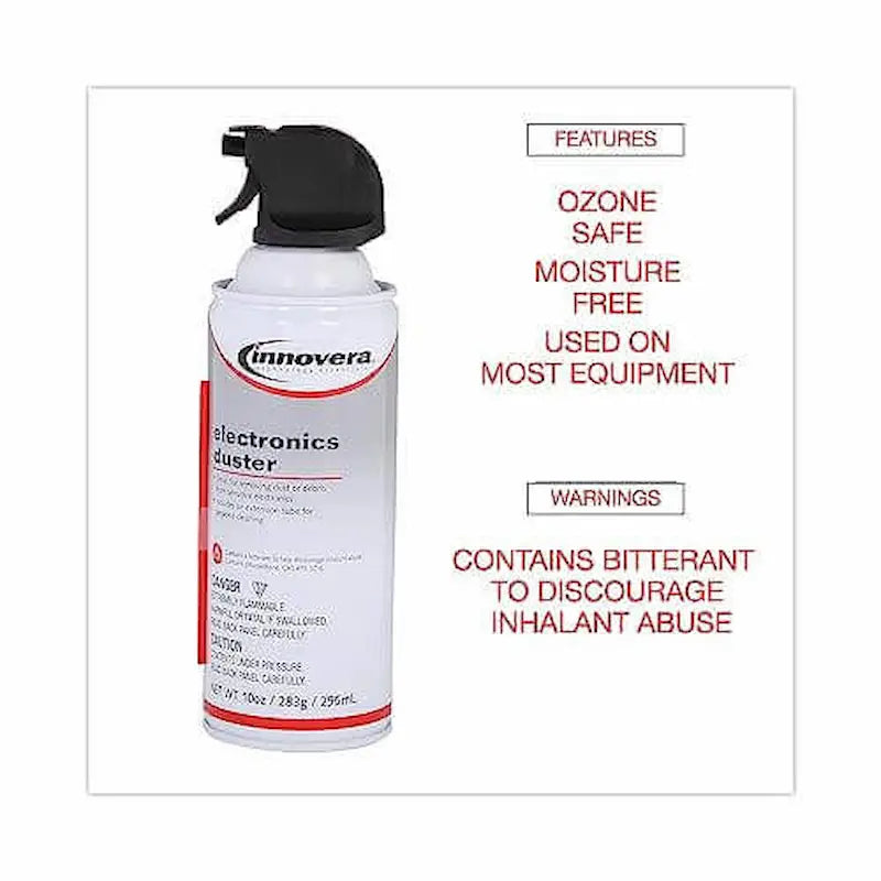 Innovera IVR10012 compressed air duster cleaner 10 oz for keyboards and electronics, showing features and warning labels.