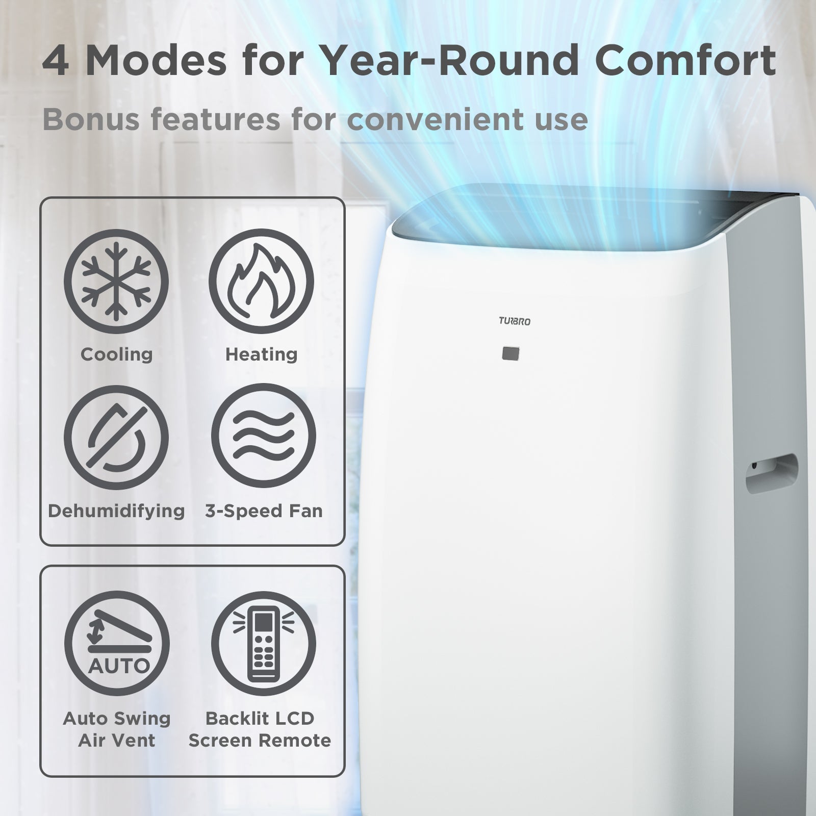 Air conditioner with features for year-round comfort displayed on a white background