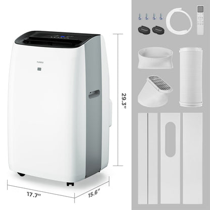 Portable air conditioner with dimensions and parts diagram on a white background
