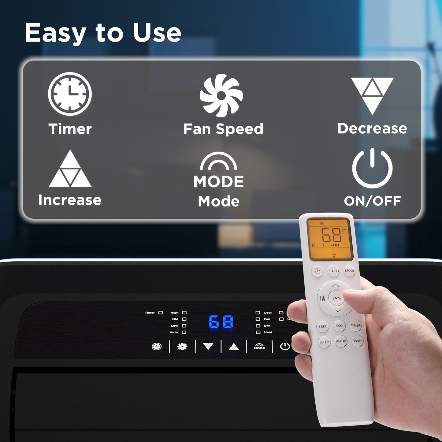 Hand holding a remote control with an air conditioner display, labeled 'Easy to Use'.
