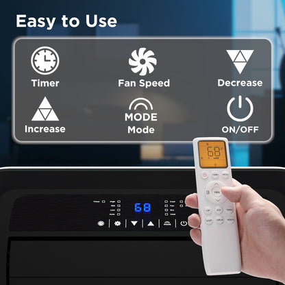 Hand holding a remote control with an air conditioner display, labeled 'Easy to Use'.