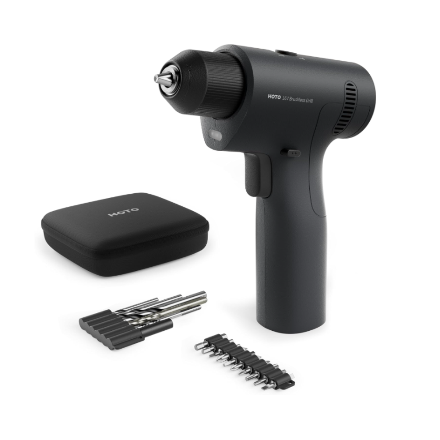 HOTO 16V brushless drill with packaging, showcasing a compact design for efficient drilling and screw driving tasks.