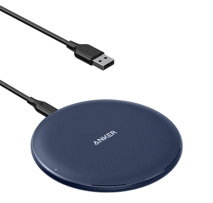 Anker wireless charging pad with USB cable on a transparent background