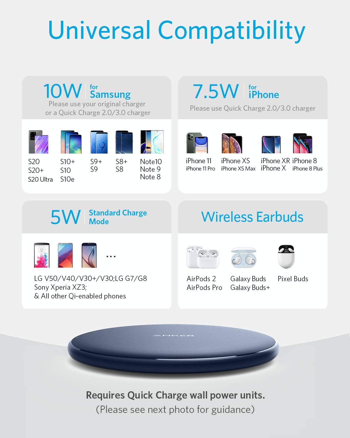 Anker 313 Wireless Charger pad with a sleek design, ideal for charging compatible devices without cords.