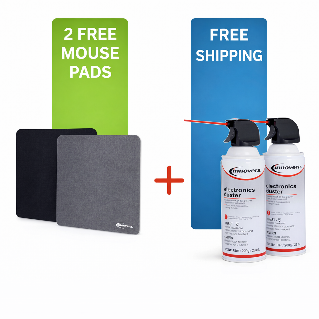 Two Innovera IVR10012 compressed air dusters in 10 oz cans, ideal for cleaning keyboards and electronics, shown with a bundle of mousepads.