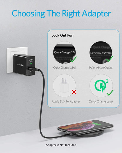 Anker adapter charging a phone with text on choosing the right adapter.