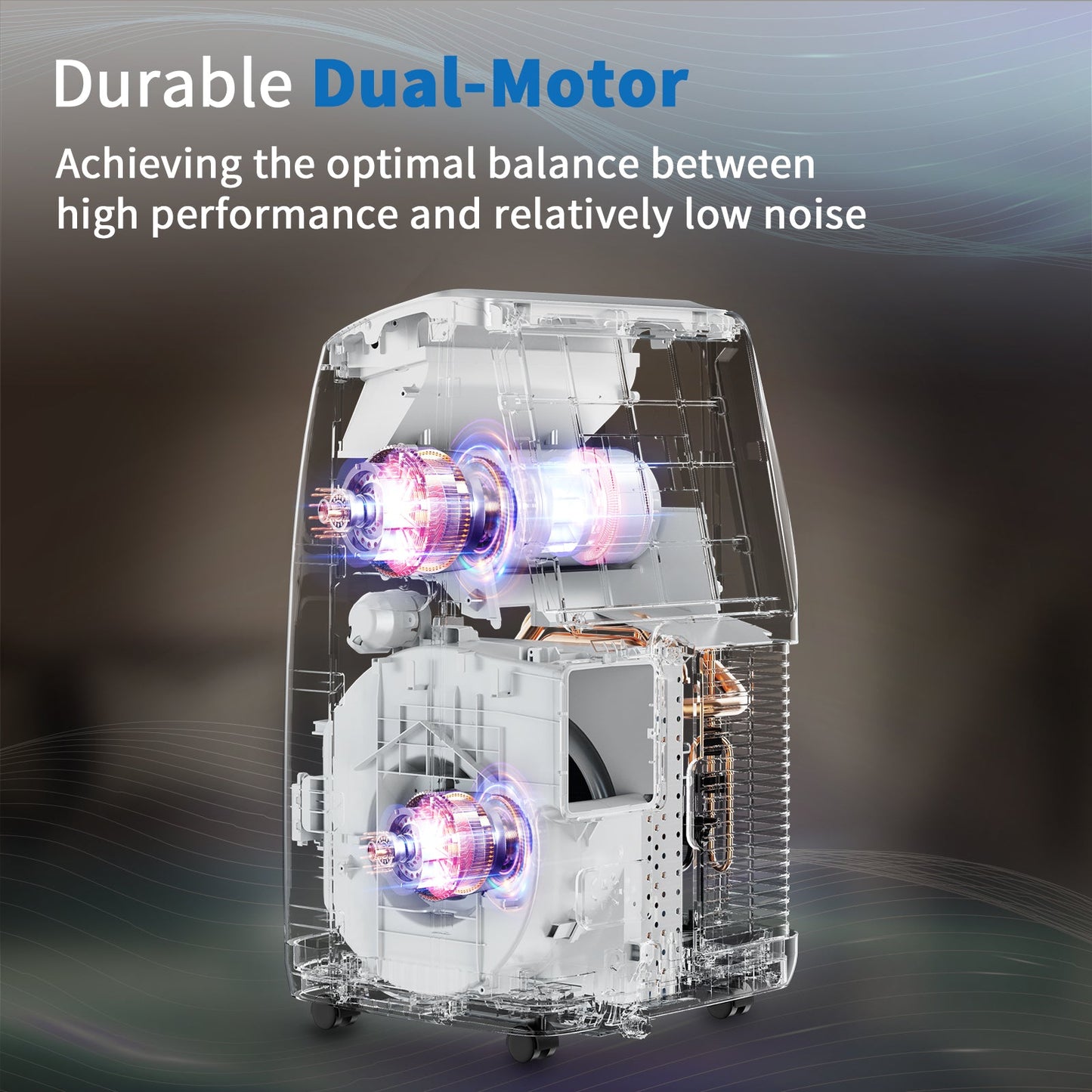 Dual-motor system with text highlighting high performance and low noise balance on a dark background