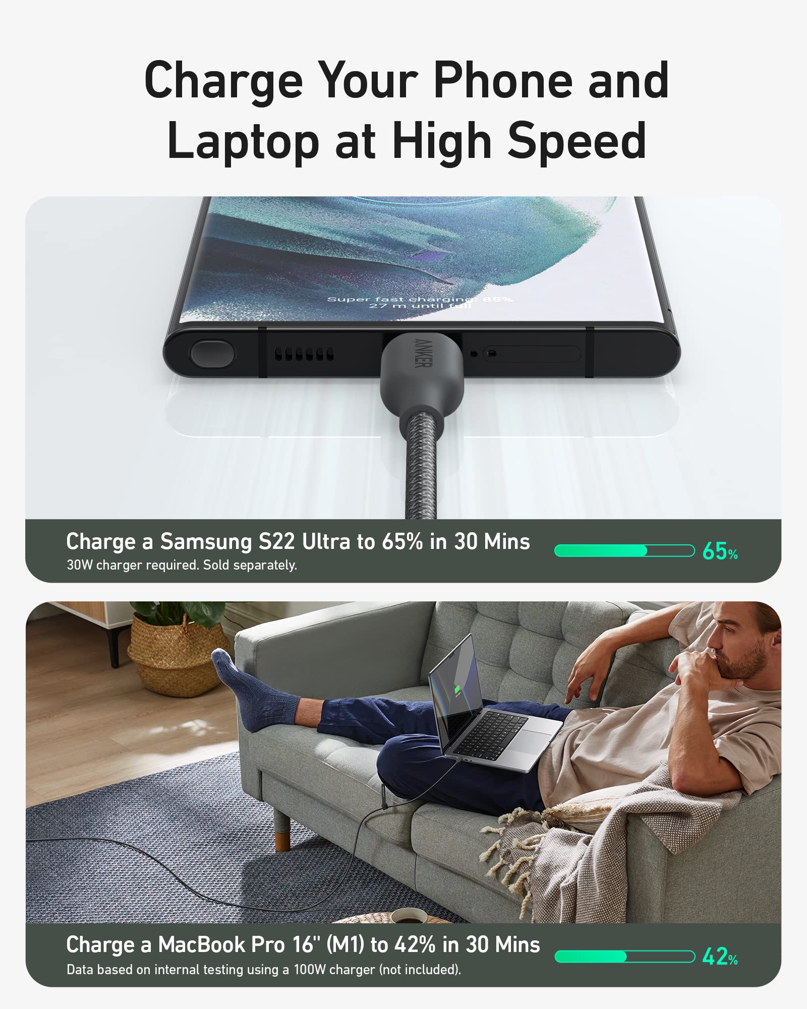 Anker 543 USB C to USB C charging cable, 10 ft long, designed for high-speed power delivery and efficient charging.