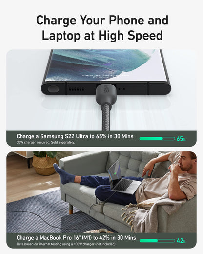 Anker 543 USB C to USB C charging cable, 10 ft long, designed for high-speed power delivery and efficient charging.