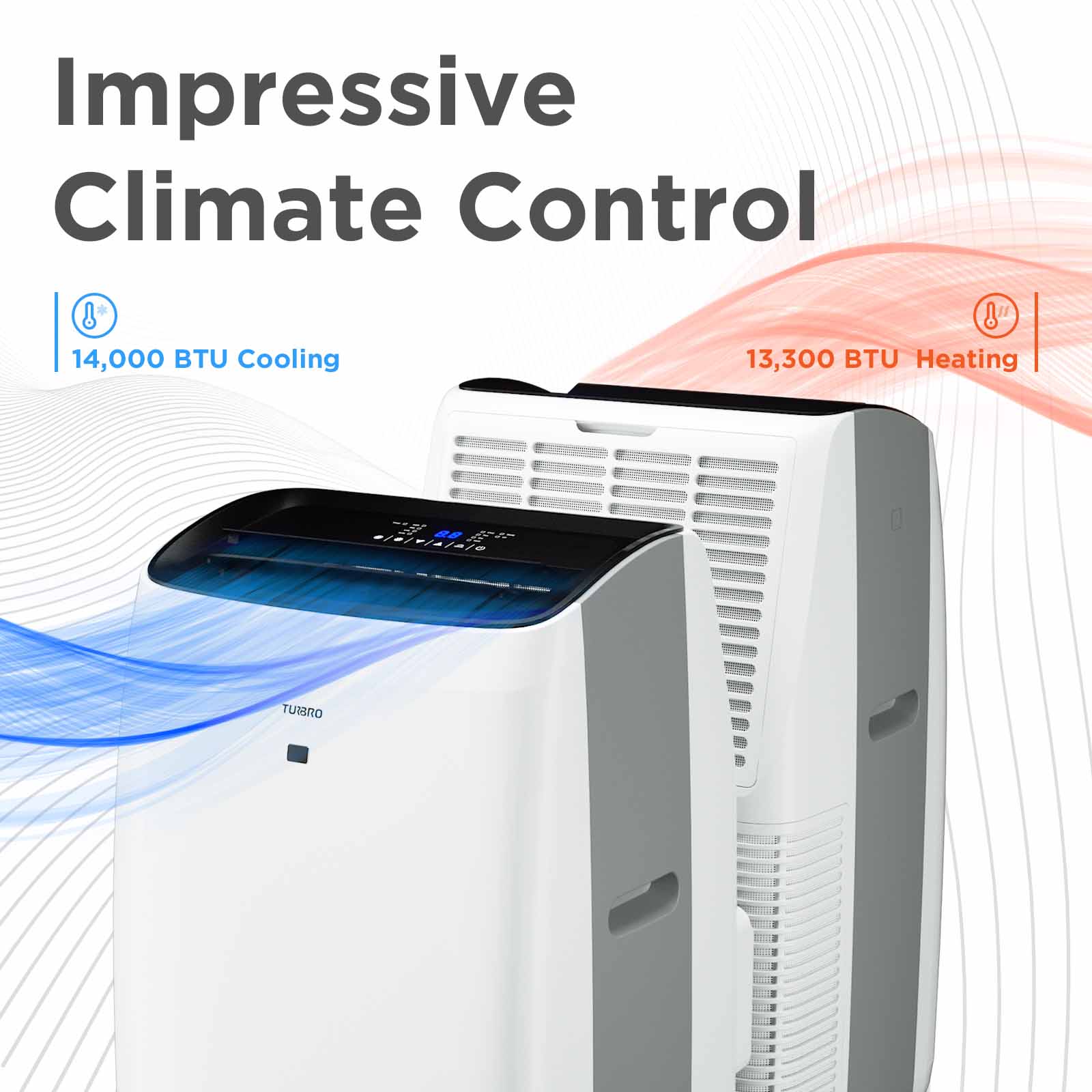 Portable air conditioner with BTU ratings on a white background