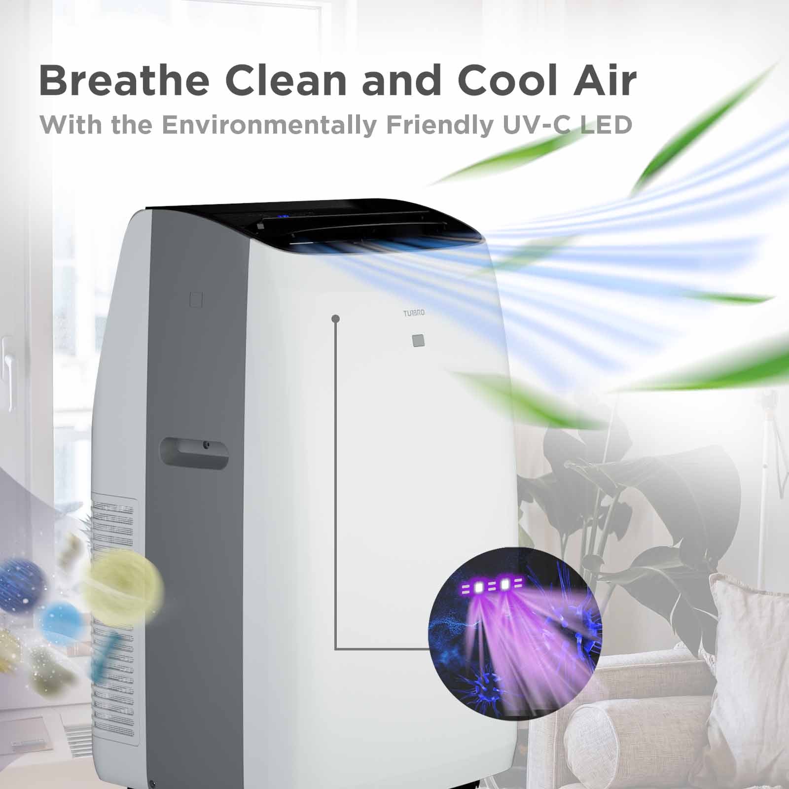 TURBRO 14,000 BTU portable air conditioner and heater with a sleek design and user-friendly control panel.