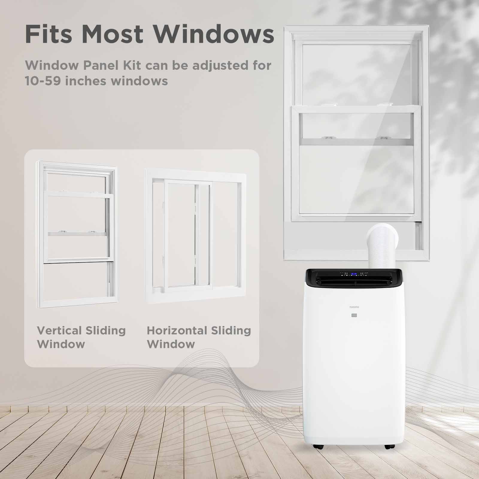 Portable air conditioner with window panel kit on a neutral background