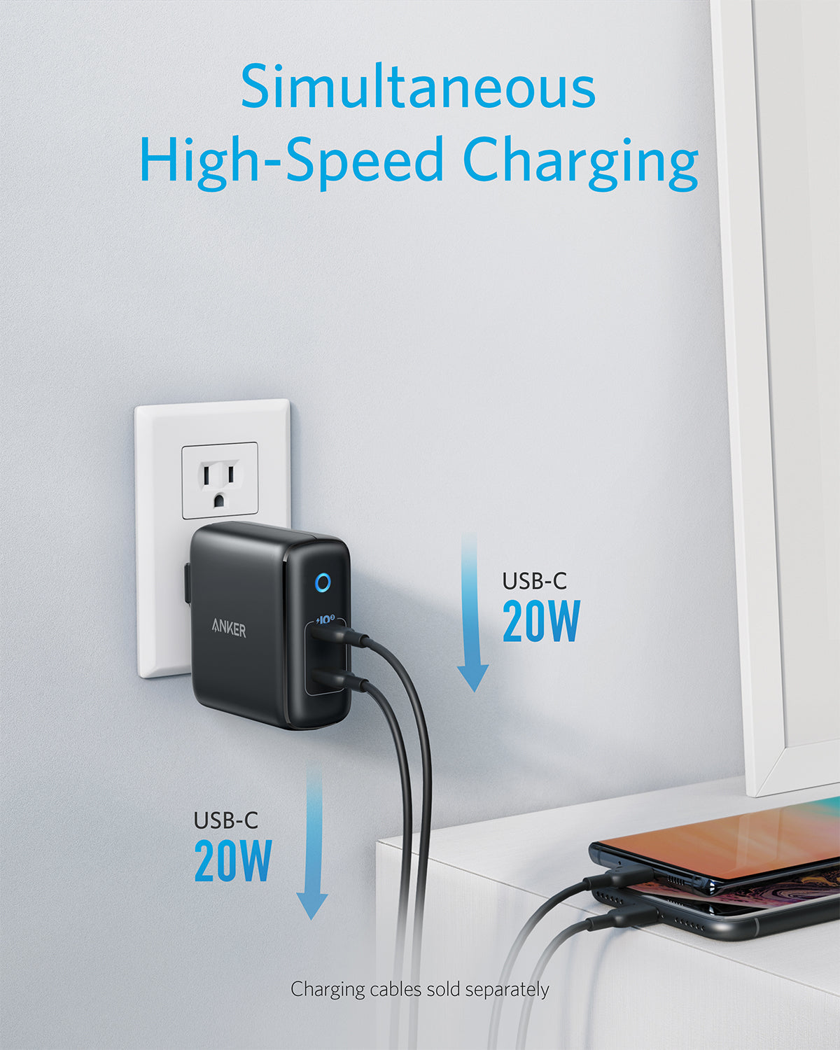 Anker 324 Charger (40W) with dual USB ports designed for efficient charging of devices.