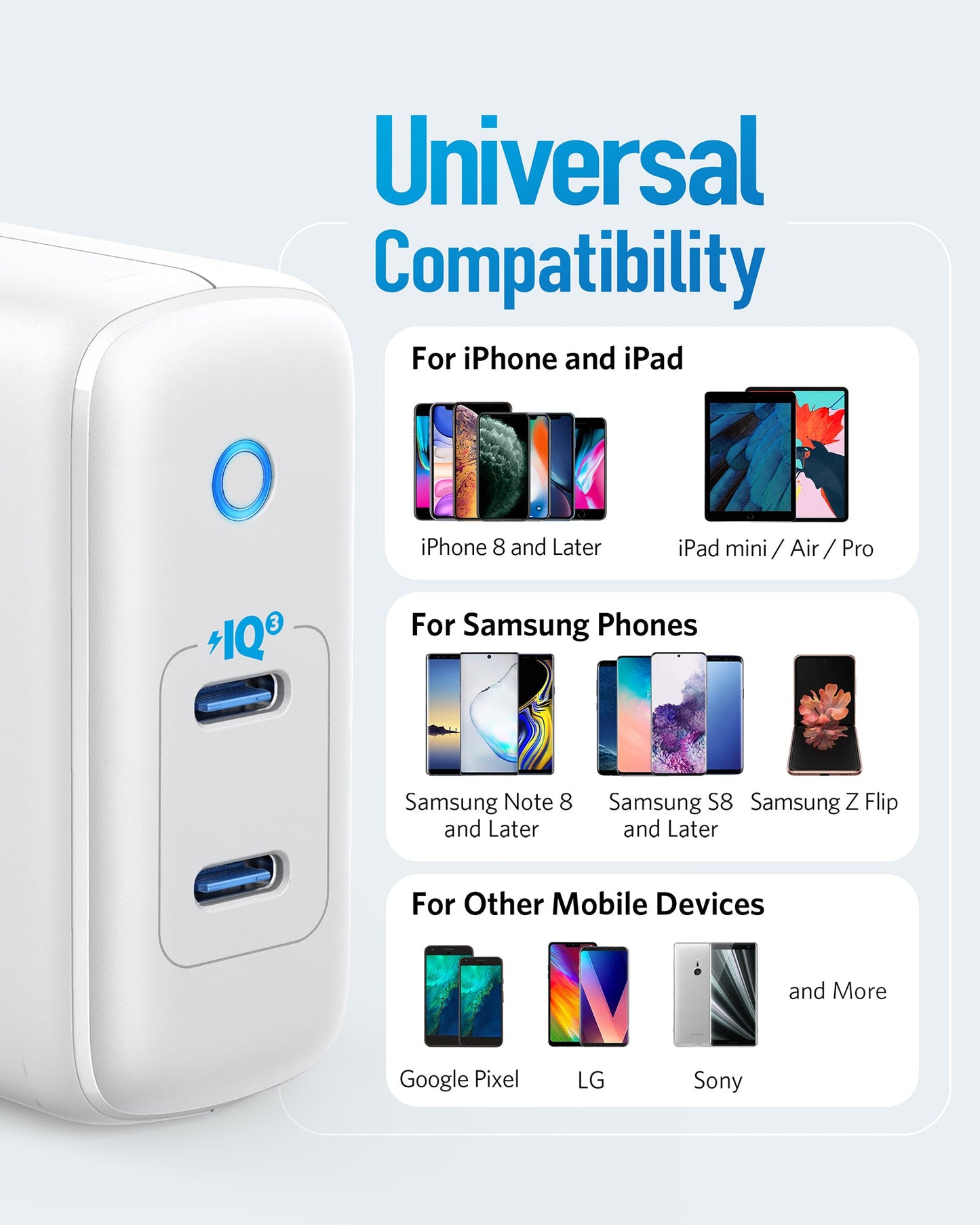 Universal compatibility charger with smartphone compatibility list on a light gray background