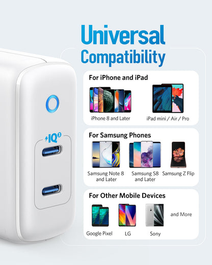Universal compatibility charger with smartphone compatibility list on a light gray background