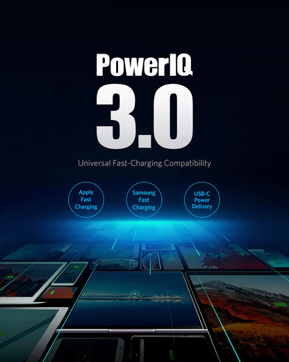Advertisement for PowerIQ 3.0 with compatibility logos on a dark background