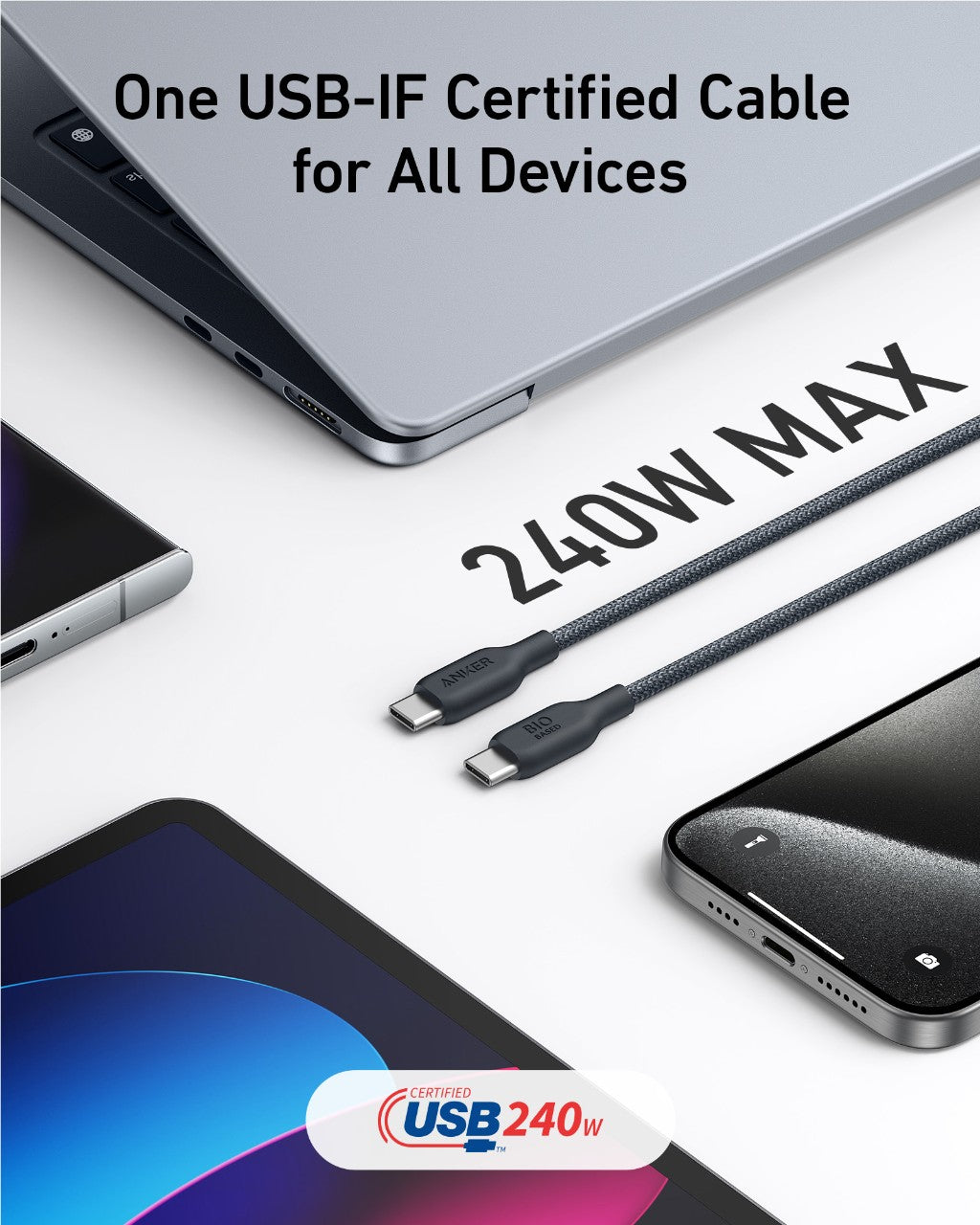 Anker 543 USB C to USB C cable, 10 ft length, designed for charging, showcasing durable connectors and flexible design.
