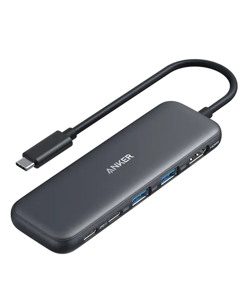Anker 5-in-1 USB-C hub with multiple ports, compact design, and sleek finish on a white background.