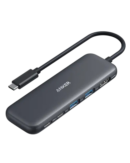 Anker 5-in-1 USB-C hub with multiple ports, compact design, and sleek finish on a white background.