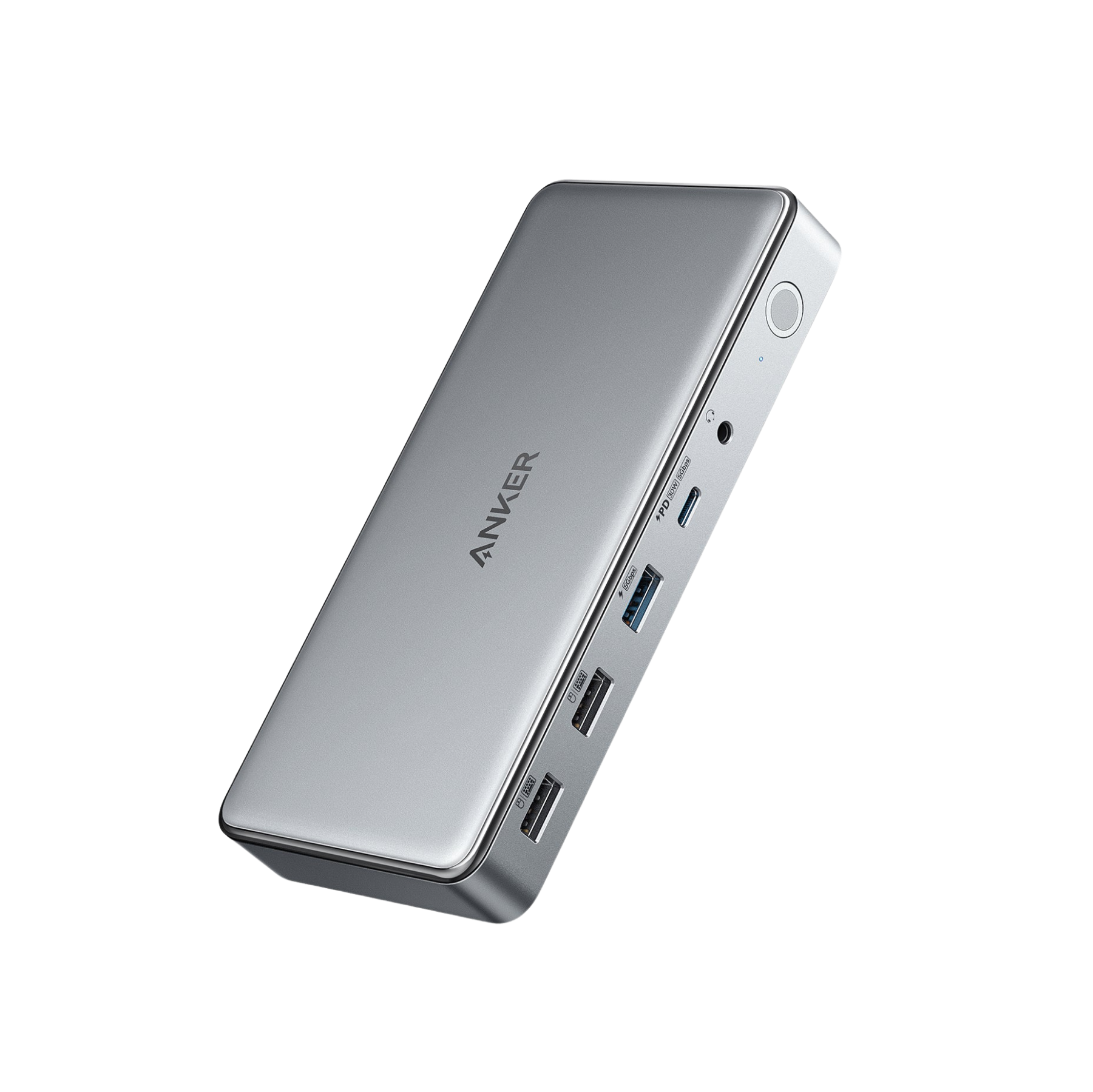 Anker 563 USB-C Docking Station with 10 ports, showcasing multiple connectivity options and a sleek design.