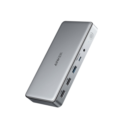 Anker 563 USB-C Docking Station with 10 ports, showcasing multiple connectivity options and a sleek design.