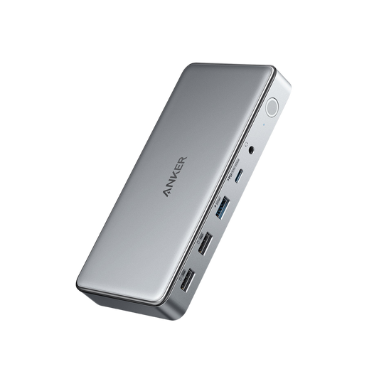 Anker 563 USB-C Docking Station with 10 ports, showcasing multiple connectivity options and a sleek design.