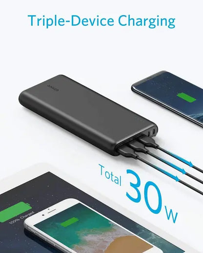 Anker PowerCore 26K power bank in sleek design, showcasing multiple ports and LED indicators for charging devices.
