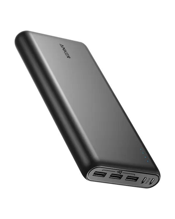 Anker PowerCore 26K power bank with dual USB ports and a sleek design, ideal for charging devices on the go.