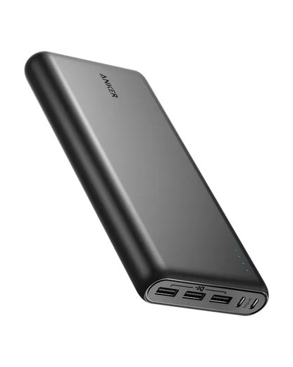 Anker PowerCore 26K power bank with dual USB ports and a sleek design, ideal for charging devices on the go.