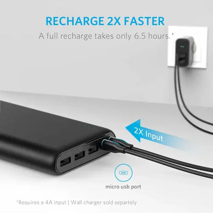 Anker PowerCore 26K power bank with dual USB ports and sleek black design, ideal for charging devices on the go.