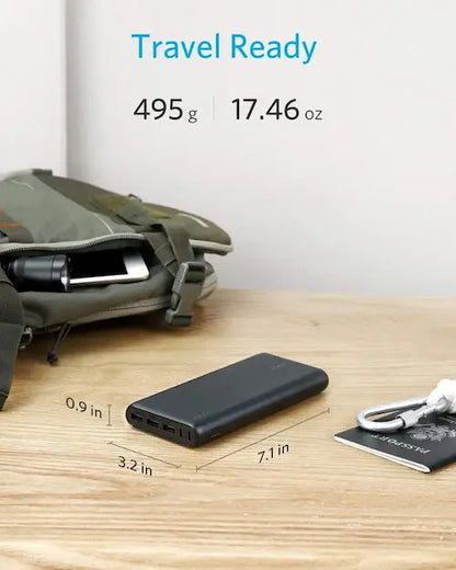 Anker PowerCore 26K power bank with multiple USB ports and sleek design, perfect for charging devices on the go.