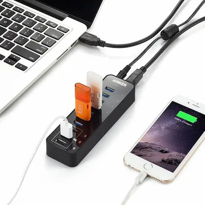 Ezybuy Anker 60W 10-Port USB 3.0 data hub with multiple USB ports and a compact design on a white background.