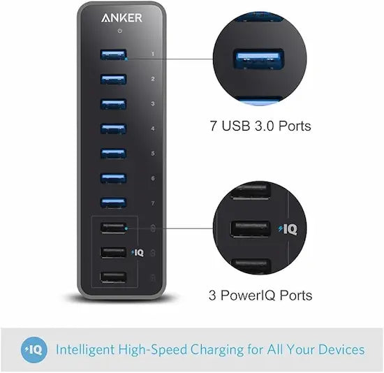 Ezybuy Anker 60W 10-port USB 3.0 data hub with multiple ports and sleek design on a white background.