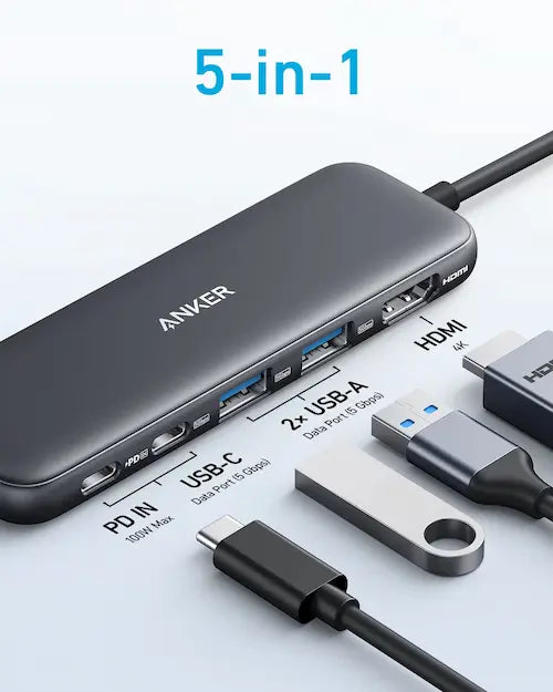 Anker 5-in-1 USB-C hub in black with multiple ports for connecting devices and peripherals.