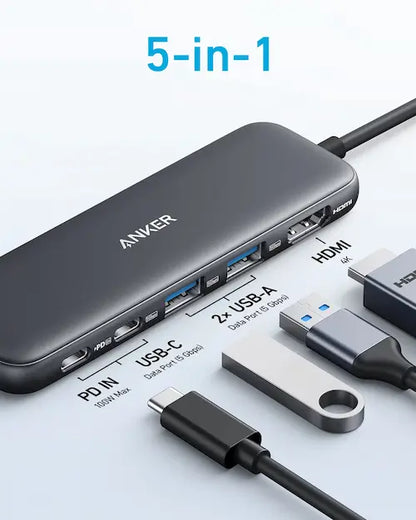 Anker 5-in-1 USB-C hub in black with multiple ports for connecting devices and peripherals.