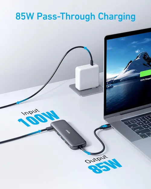 Anker 5-in-1 USB-C hub with multiple ports, featuring a sleek black design and compact size for easy connectivity.