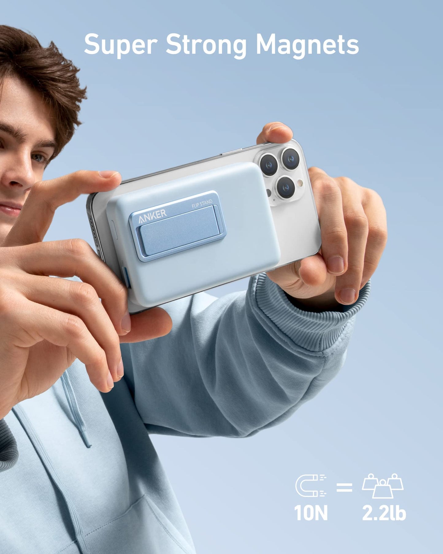 Anker 633 magnetic battery in blue, showcasing its compact design and magnetic charging feature.