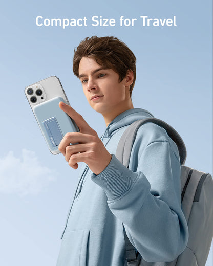 Anker 633 Magnetic Battery in blue, showcasing its compact design and magnetic charging feature.