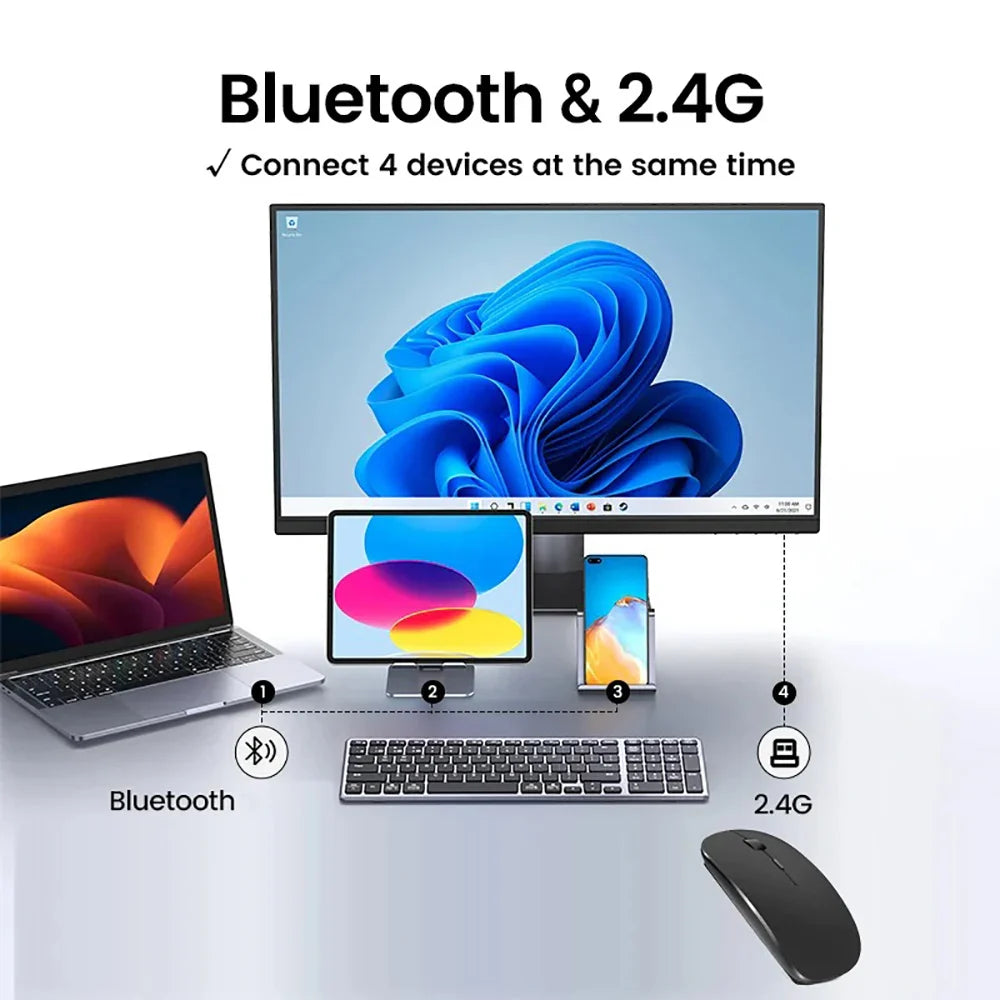 Electronics Den Bluetooth Wireless Keyboard with sleek design and compact layout on a wooden desk.