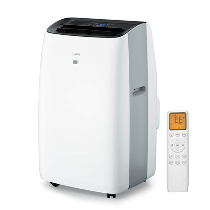 Portable air conditioner with remote control on a white background