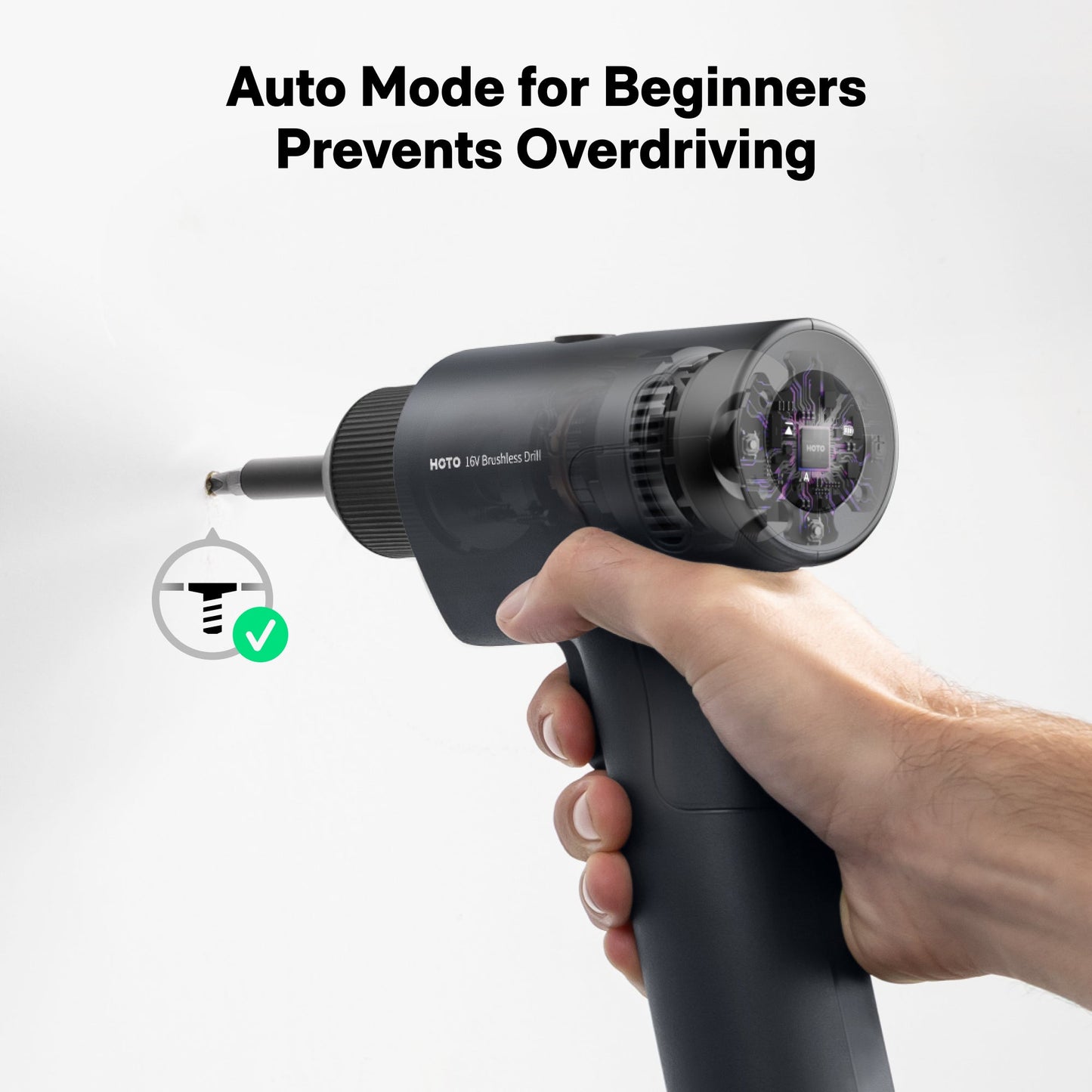 HOTO 16V brushless drill with auto mode, showcasing ergonomic design and modern features for efficient drilling tasks.