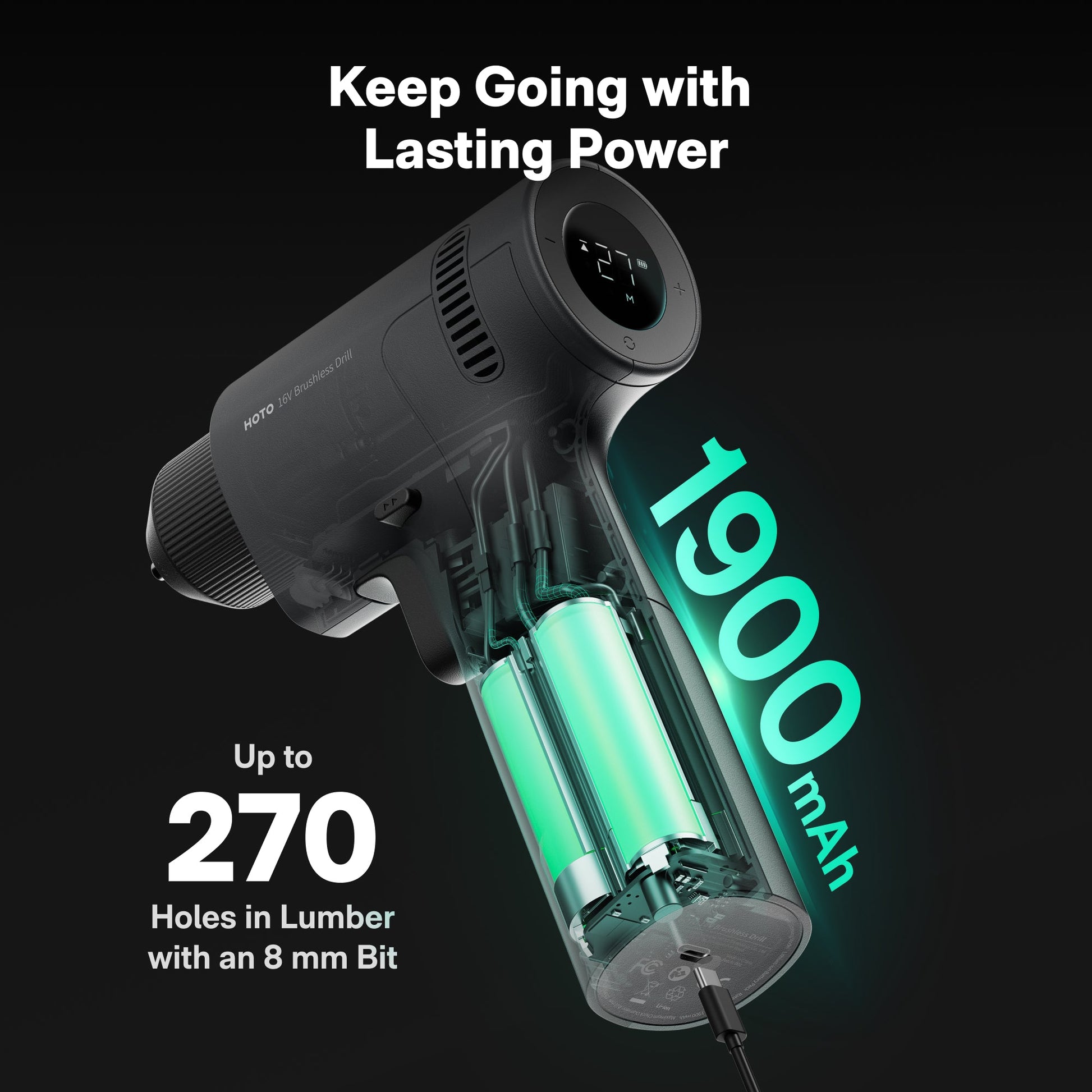 HOTO 16V brushless drill with a new battery, showcasing its ergonomic design and drill bit.