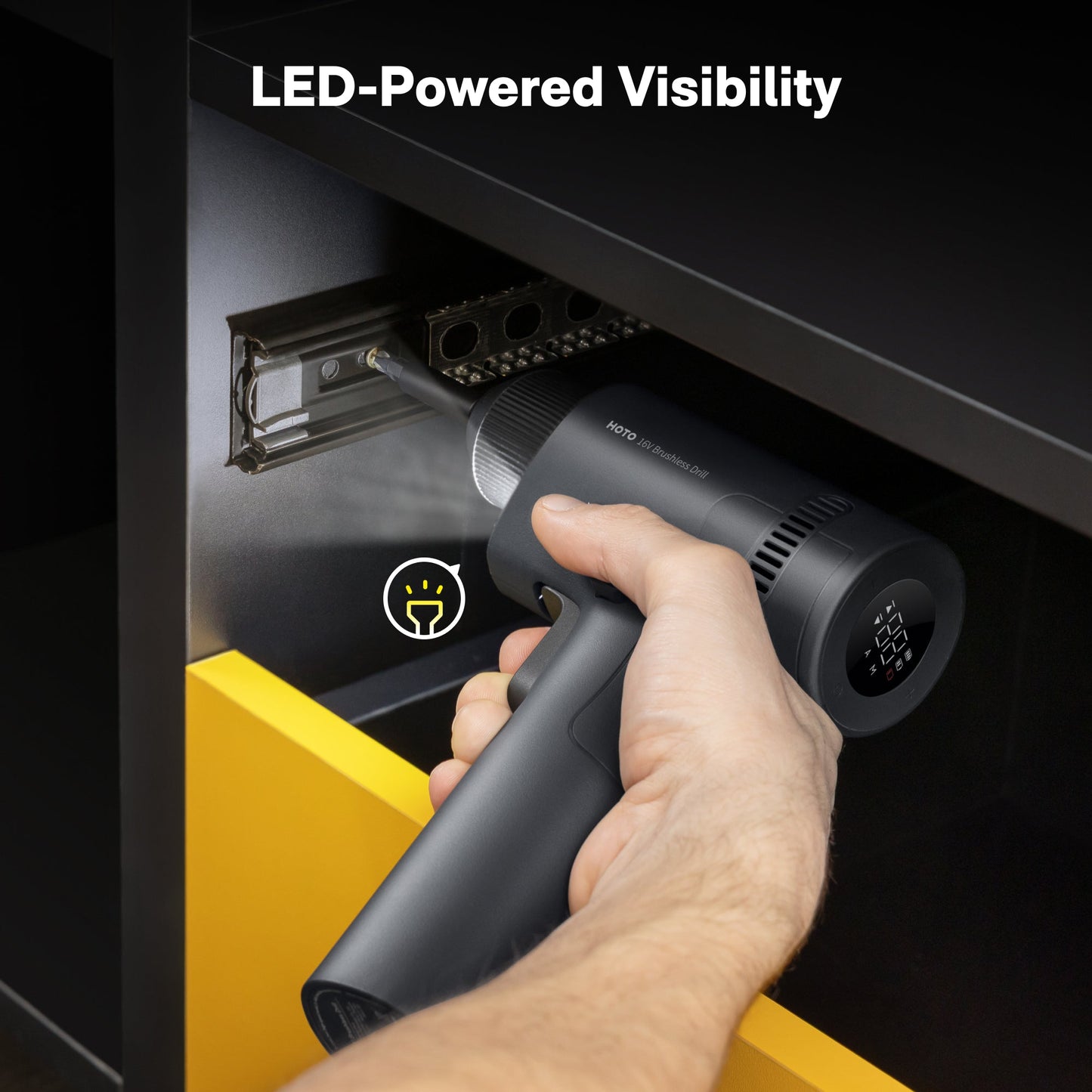 HOTO 16V Brushless Drill with LED light, showcasing the ergonomic design and key features for precision drilling.
