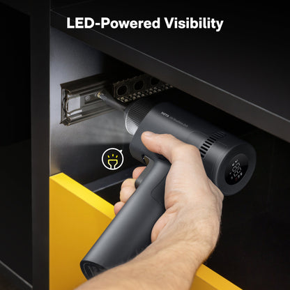 HOTO 16V Brushless Drill with LED light, showcasing the ergonomic design and key features for precision drilling.