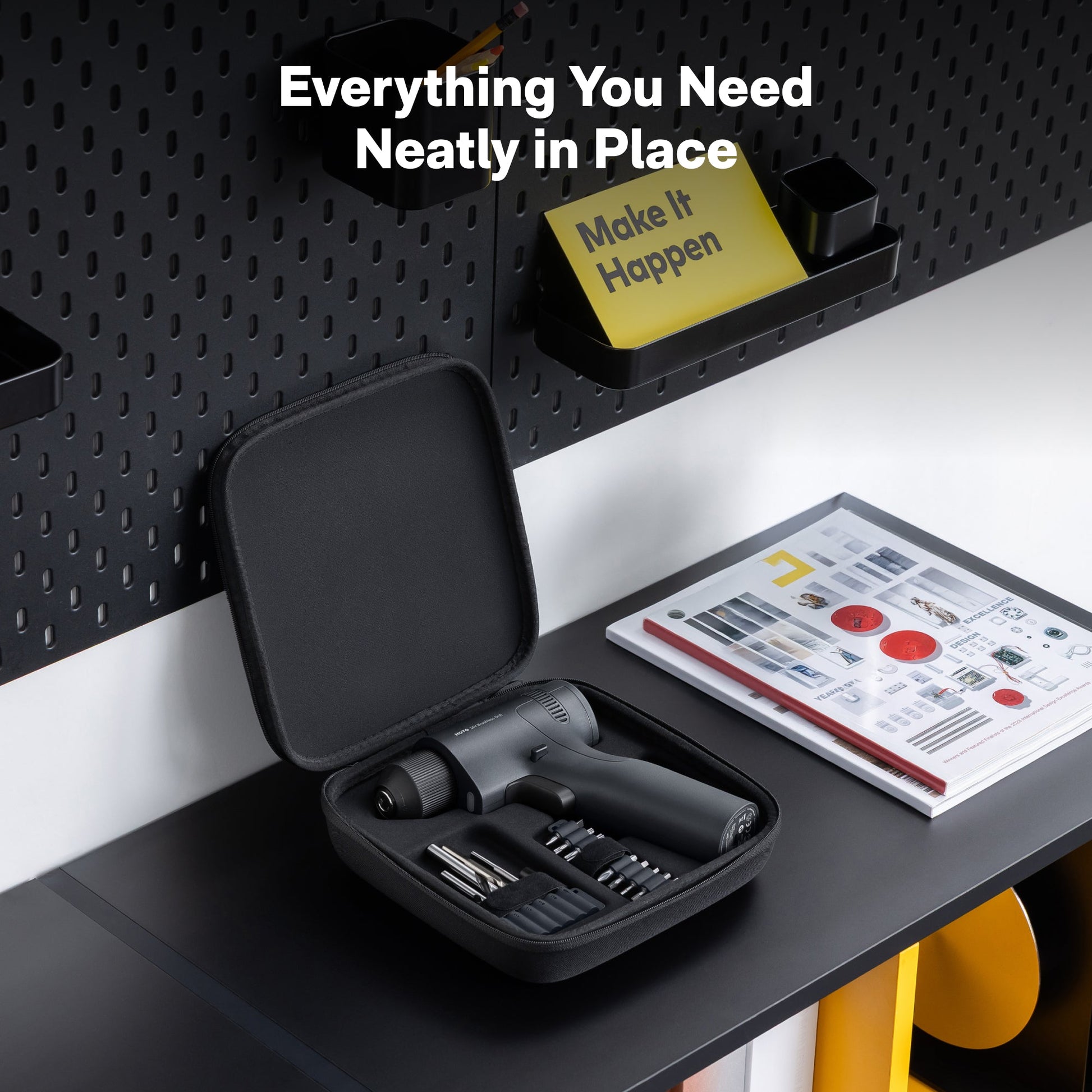 HOTO 16V brushless drill with ergonomic handle and compact design, ideal for various DIY projects and tasks.