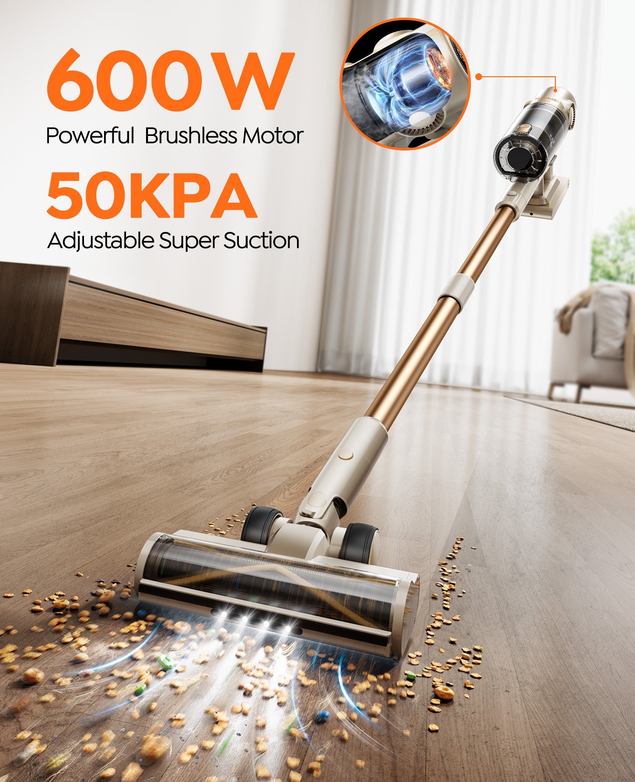 Honiture P7 Pro cordless vacuum cleaner in champagne gold with powerful suction and ergonomic design.