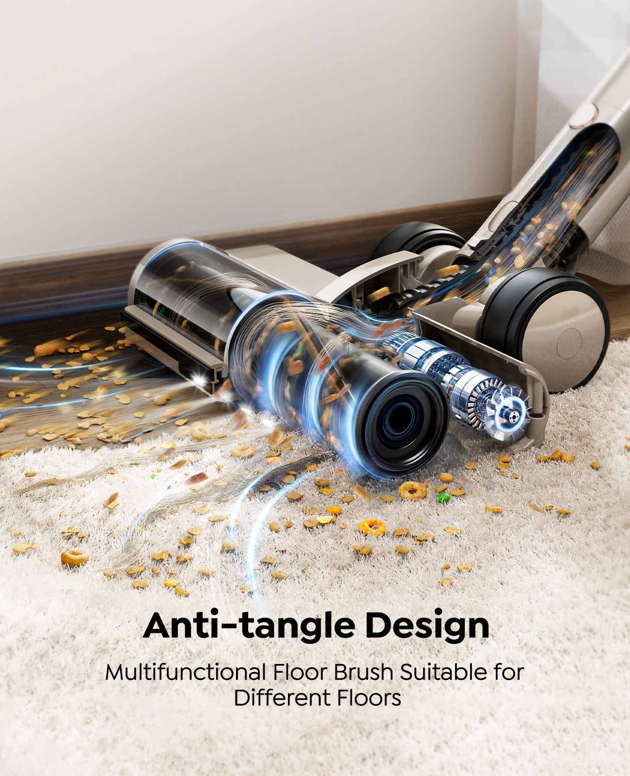 Honiture P7 Pro cordless vacuum cleaner in champagne color with anti-tangle technology, shown with its sleek design and attachments.