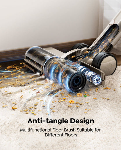 Honiture P7 Pro cordless vacuum cleaner in champagne color with anti-tangle technology, shown with its sleek design and attachments.