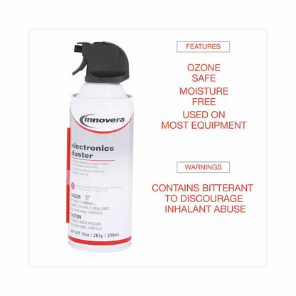Innovera 10 oz compressed air duster cleaner can for electronics, featuring safety warnings and product details.