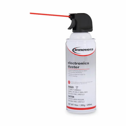 Innovera 10 oz compressed air duster cleaner can for electronics on a white background, showcasing the pinpoint nozzle.
